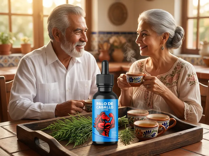 Pareja mexicana de más de 60 años tomando té en casa junto a un frasco de Palo de Caballo Gotas