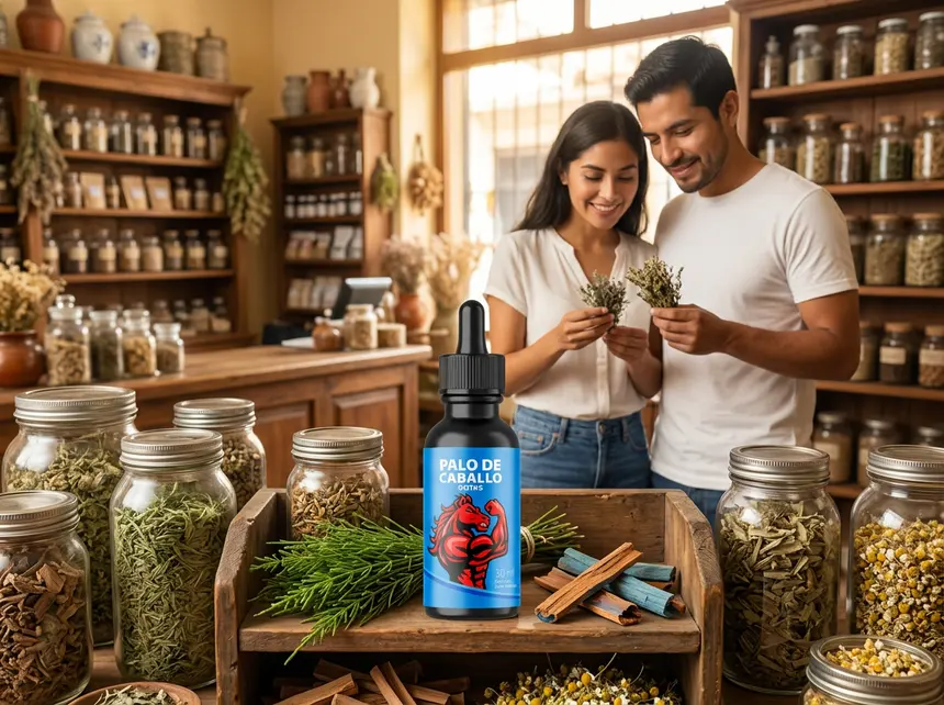 Pareja en una herbolaria seleccionando productos naturales