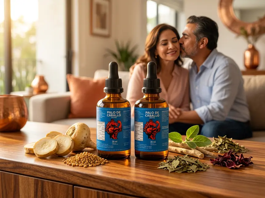 Dos frascos originales de Palo de Caballo Gotas de 30 ml junto a raíz de maca y hierbas, con una pareja abrazada en la sala de su casa